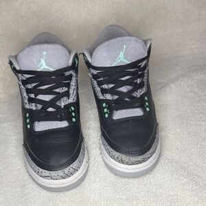 Jordan 3 Kids Black and Gray Sneakers with Mint Green Accents